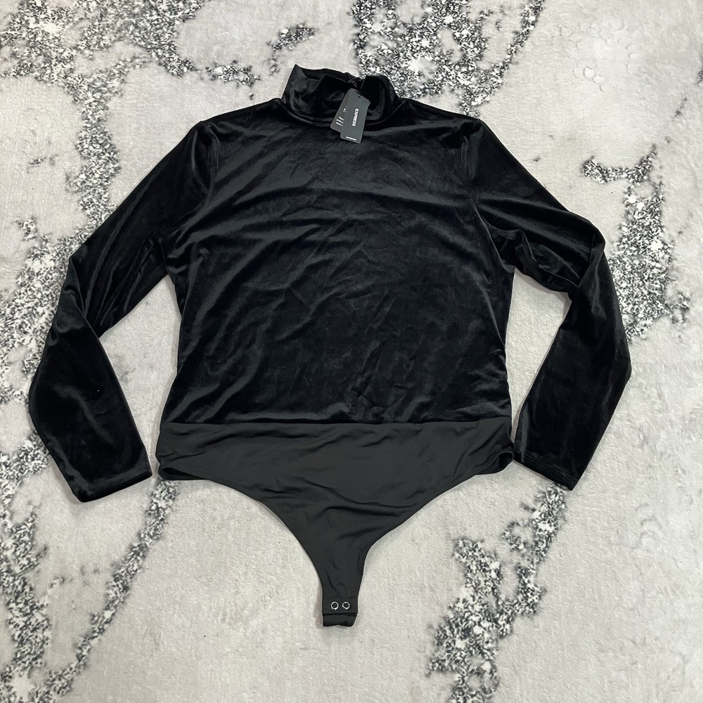 Express Body Contour Womens Size XL Black Velvet Mock Neck Thong Bodysuit